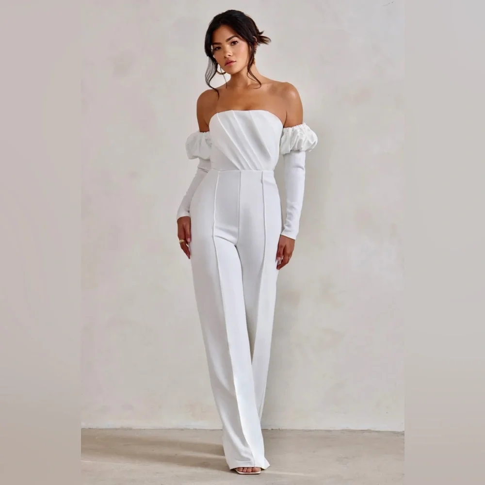 NWT Club L London off shoulder puff sleeve white ruched front jumpsuit - Picture 3 of 7